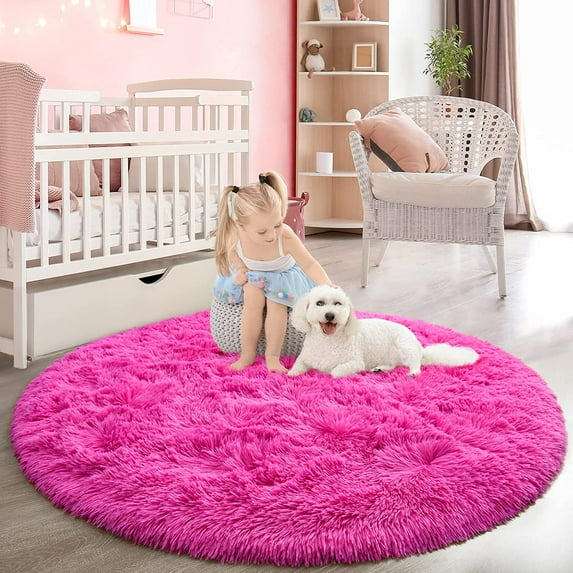 YJ.GWL Round Fluffy Area Rugs Fluffy Carpet Plush Rug for Living Room Bedroom Circular Fuzzy Mat, 4x4 Ft, Hot Pink