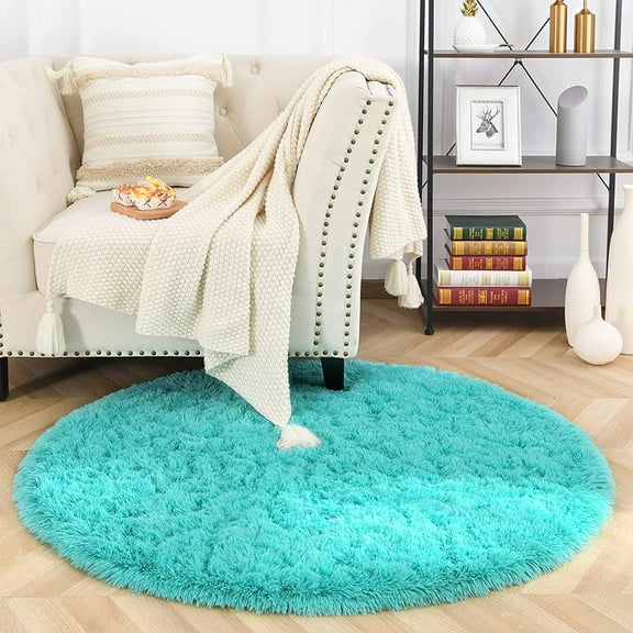 YJ.GWL Round Fluffy Area Rugs Fluffy Carpet Plush Rug for Living Room Bedroom Circular Fuzzy Mat, 4x4 Ft, Teal Blue