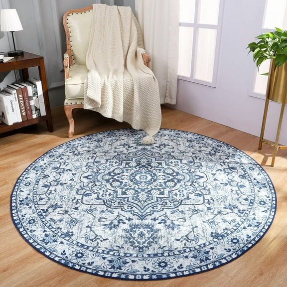 YJ.GWL Round Rugs Soft Vintage Circle Area Rug Low-Pile Floor Carpet for Living Room Bedroom Nursery Bathroom Kitchen Indoor,4Ft,Blue