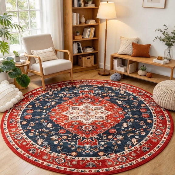 YJ.GWL Round Rugs Soft Vintage Circle Area Rug Low-Pile Floor Carpet for Living Room Bedroom Nursery Bathroom Kitchen Indoor,4Ft,Red