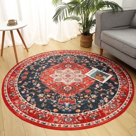 YJ.GWL Round Rugs Soft Vintage Circle Area Rug Low-Pile Floor Carpet for Living Room Bedroom Nursery Bathroom Kitchen Indoor,4Ft,Red