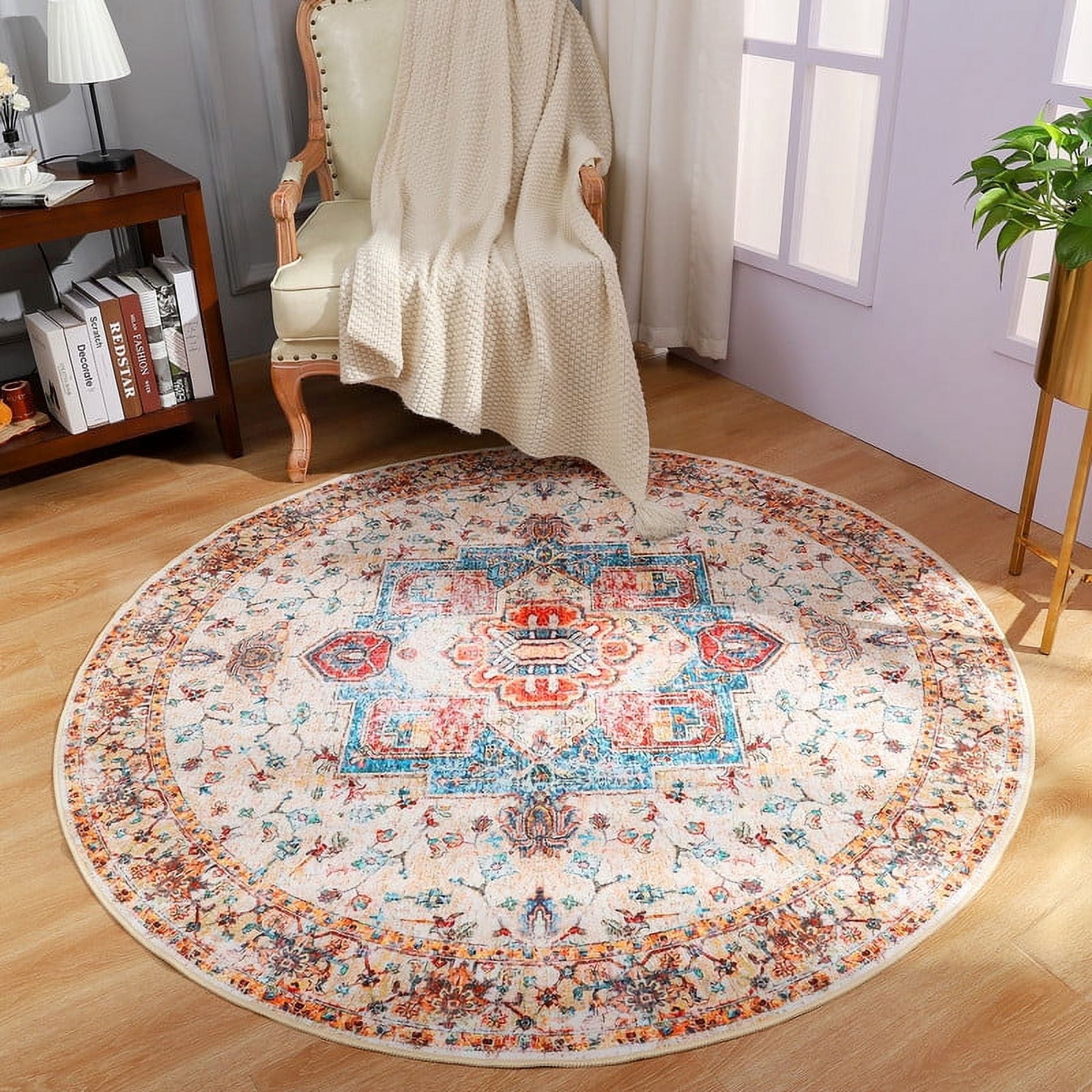 YJ.GWL Round Rugs, 5Ft, Orange, Vintage Circle Area Rug for Living Room ...