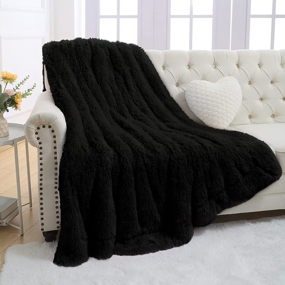 YJ.GWL Shaggy Soft Longfur Throw Blanket Plush Sherpa Warm Blanket for Kids and Adult Bed Sofa,104"x90",Black
