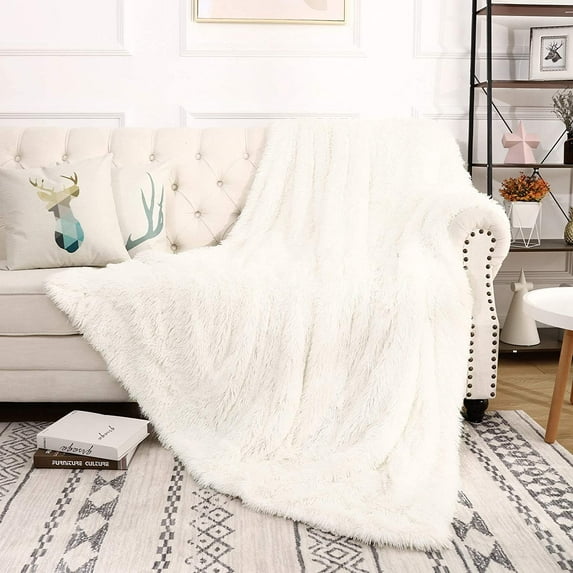 YJ.GWL Shaggy Soft Longfur Throw Blanket Plush Sherpa Warm Blanket for Kids and Adult Bed Sofa,90"x90",Cream White