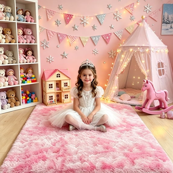 YJ.GWL Soft Fluffy Area Rugs Tie-Dye Shaggy Rug Colorful Plush Carpet for Bedroom Living Room Kids Home Decor Fuzzy Carpets,5'x8',Pink