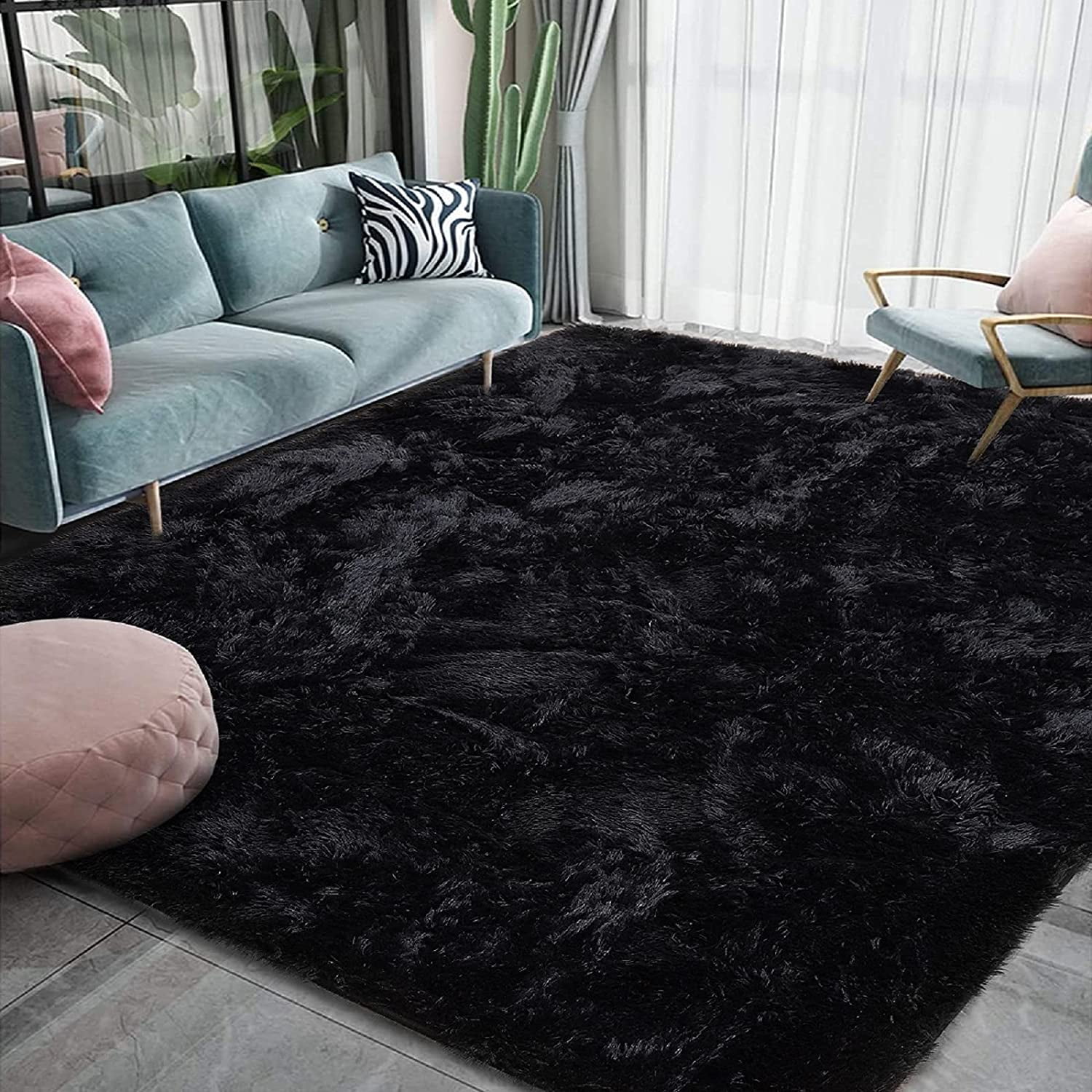 Black 4' x 6' Fluffy Shag Synthetic Kids Rug