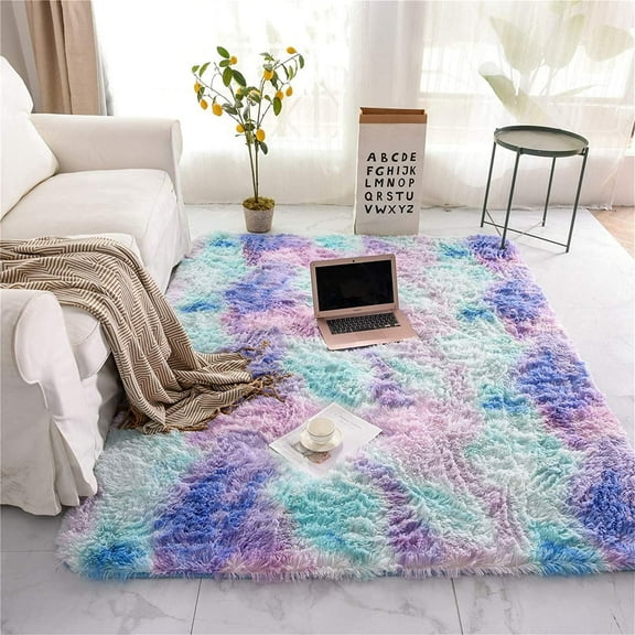 YJ.GWL Soft Shaggy Rainbow Rugs Plush Fluffy Colorful Carpet Area Rug for Living Room Bedroom Kids Girls Play Mat,3'x5', Blue Purple