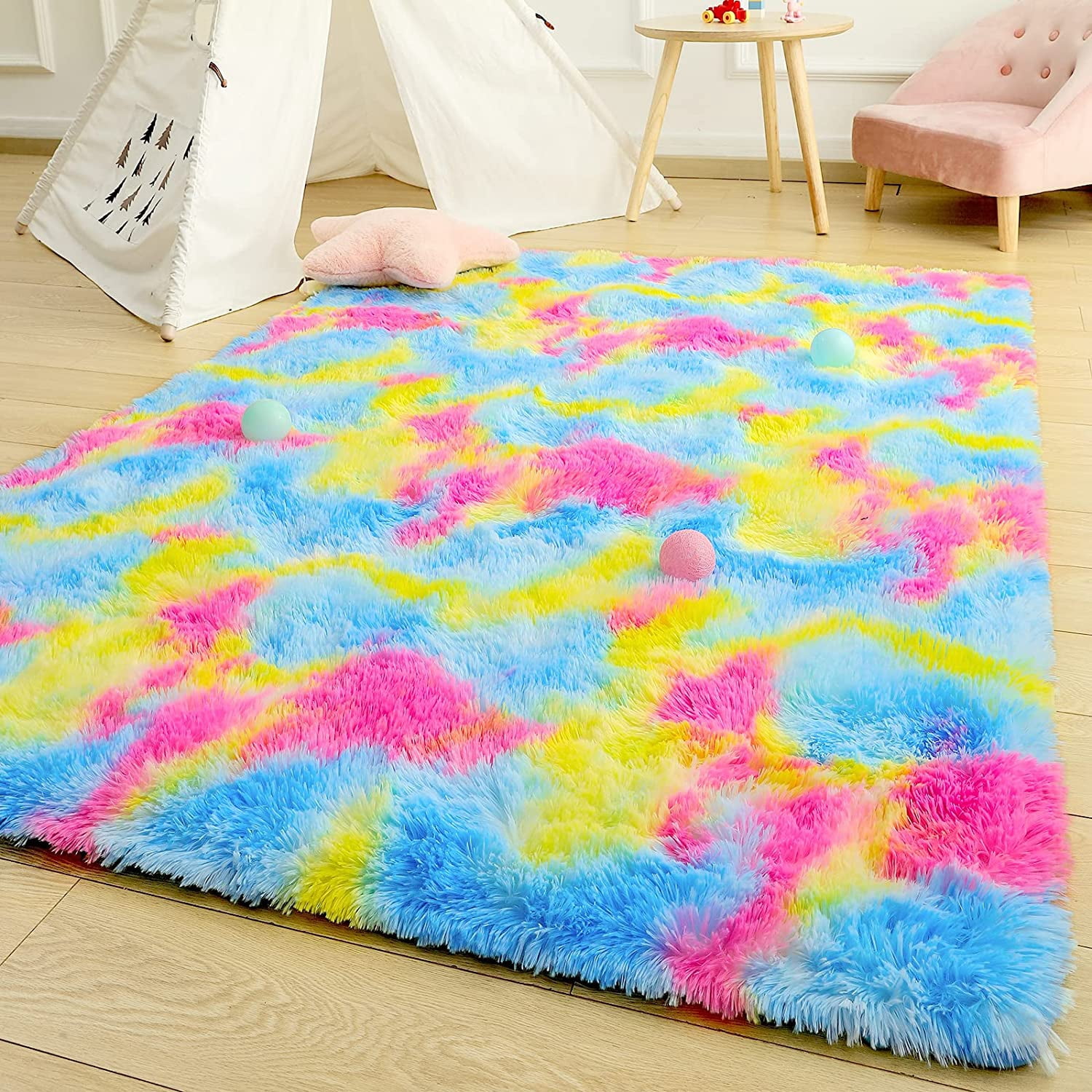 YJ.GWL Soft Shaggy Rainbow Rugs Plush Fluffy Colorful Carpet Area Rug ...
