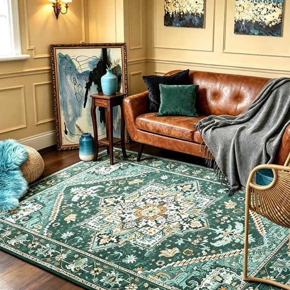 YJ.GWL Soft Vintage Accent Rugs Floral Area Rug Fluffy Carpet for Living Room Bedroom Home Decor,5'x8',Green