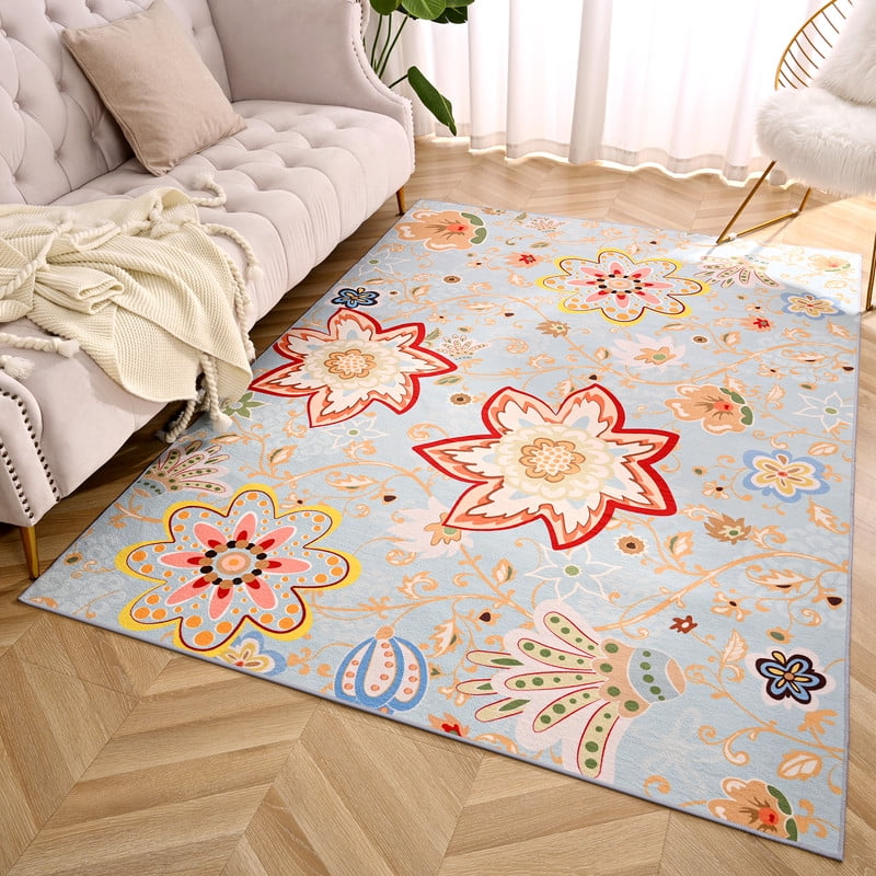 Blue Floral Synthetic Non-Slip Washable 5' x 7' Rug