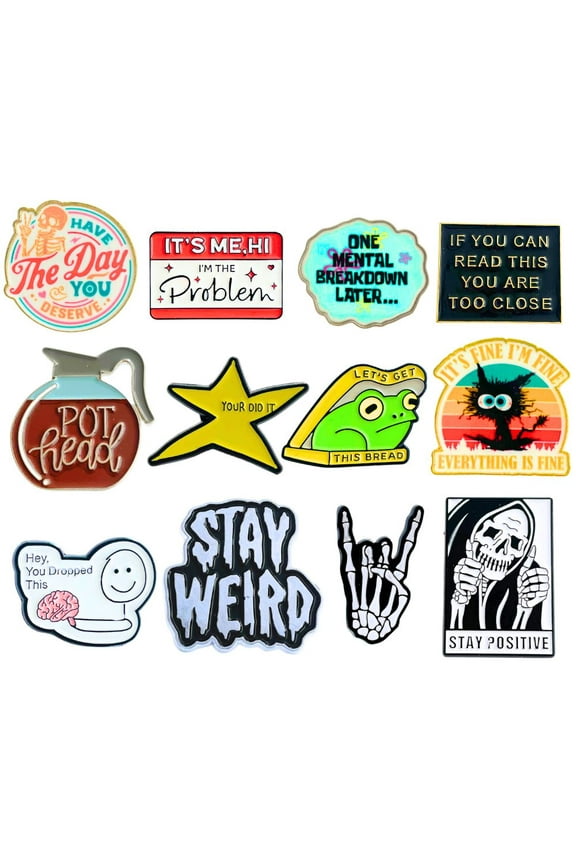 12PC Funny Enamel Pins for Backpacks Bags Hats Vest Meme Silly Spooky Horror Brooch Coffee Tea Pot Frog Lapel Metal Unique Collective Bulk Pin Buttons for Adults Novelty
