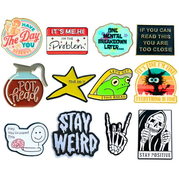 YJ PREMIUMS 12PC Funny Enamel Pins for Backpacks Bags Hats Vest Meme Silly Spooky Horror Brooch Coffee Tea Pot Frog Lapel Metal Unique Collective Bulk Pin Buttons for Adults Novelty