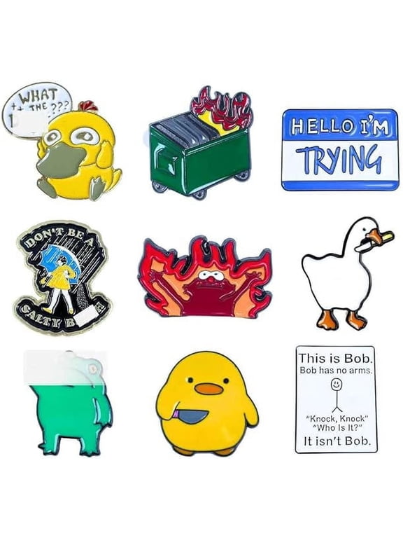 9 PC Funny Pins Fun Enamel Pin Set Sarcastic Cool Cute Metal Lapel for Adults Backpacks Bag Hat Lanyard Buttons Vest This is Fine Dumpster Salty Duck Goose Novelty Accessories