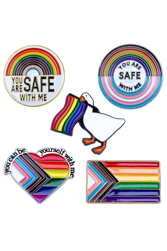 Pride Pins 5PC Safe Space You're Safe with Me Can Be Yourself LGBT Gay Rainbow Flag Ally Enamel Pin Jewelry Pack for Backpack Bag Be Kind Goose Lesbian Queer Trans Lanyard Accessories