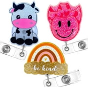 YJ Premiums 3pcs Cute Badge Reel Retractable with ID Clips for Nurses Student Work Office Hospital Accessories Gifts (Funny Cow Pink Smiley Face Be Kind Boho Rainbow)