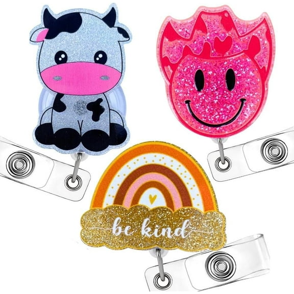 YJ Premiums 3pcs Cute Badge Reel Retractable with ID Clips for Nurses Student Work Office Hospital Accessories Gifts (Funny Cow Pink Smiley Face Be Kind Boho Rainbow)