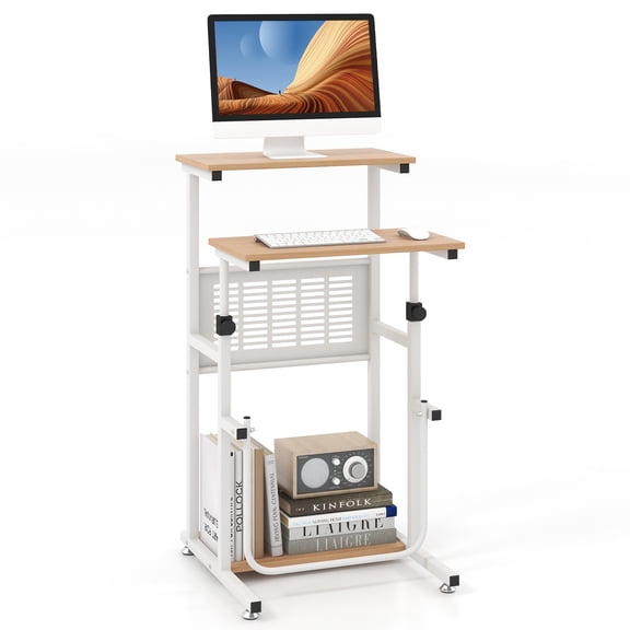 YJETYH Natural & White Standing Desk, 21" Height-Adjustable Sit-to-Stand Computer Desk with Footrest & Bottom Shelf, Engineered Wood & Metal for Home Office Study