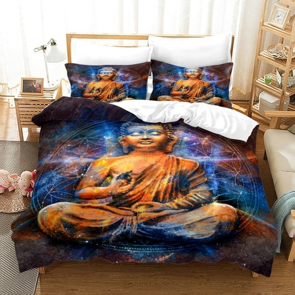 YJHDM 3D Buddha Statue Bedding Set King Queen Bed Duvet Cover Pillow Cover for Buddha Followers Room