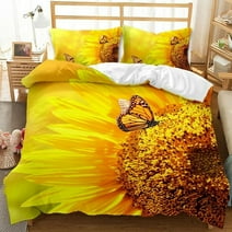 YJHDM 3D Butterfly Bedding Set Sunflower Duvet Cover Pillowcase 2/3pcs Flower Women's Room Quilt Cover