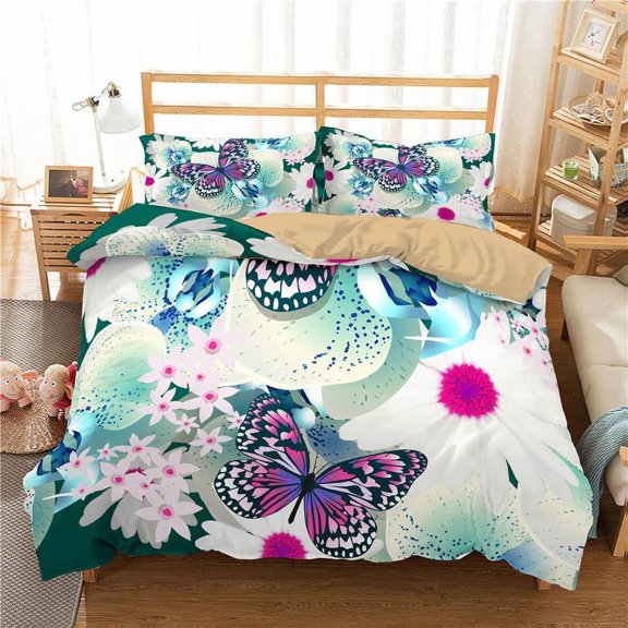 YJHDM 3D Butterfly Bedding Set Women's and Girls' Down Duvet Cover Pillowcases 2/3pcs King Queen Bed Cover