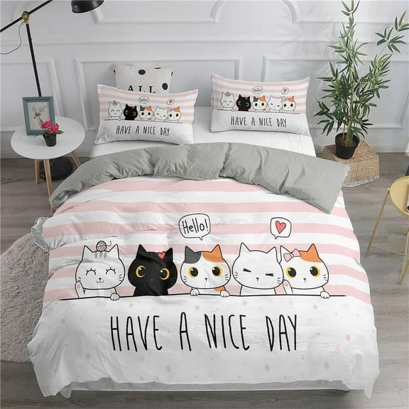 YJHDM 3D Cartoon Cat Bedding Set Twin Full Bed Down Duvet Cover Pillowcase 2/3pcs Kid Girls Cover Gift