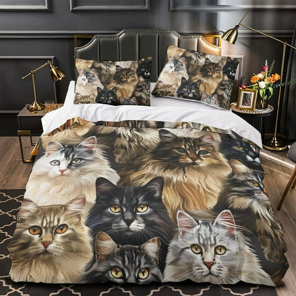 YJHDM 3D Cat Theme Bedding Set Animal Quick Drying Down Duvet Cover Pillowcase 2/3pcs Twin/Full Bed