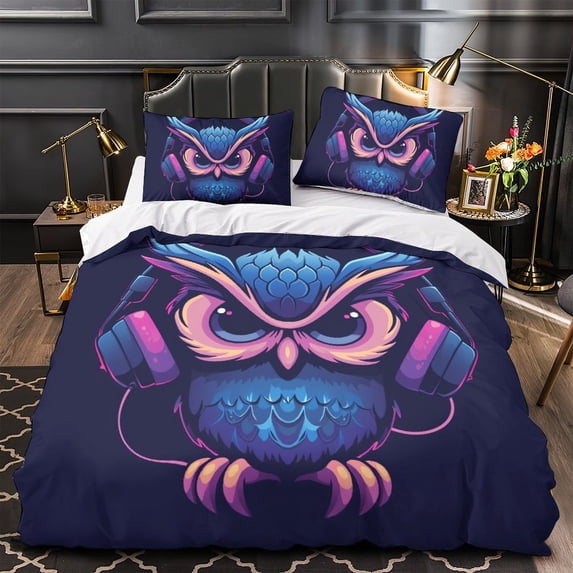 YJHDM 3D Earbuds Owl Bedding Set Animal Down Duvet Cover Pillowcase 2/3pcs Soft Cover for Boys Men