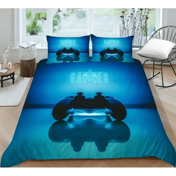 YJHDM 3D Game Controller Bedding Set Blue Game Duvet Cover Pillowcase 2/3pcs for Gamer Boys Teens