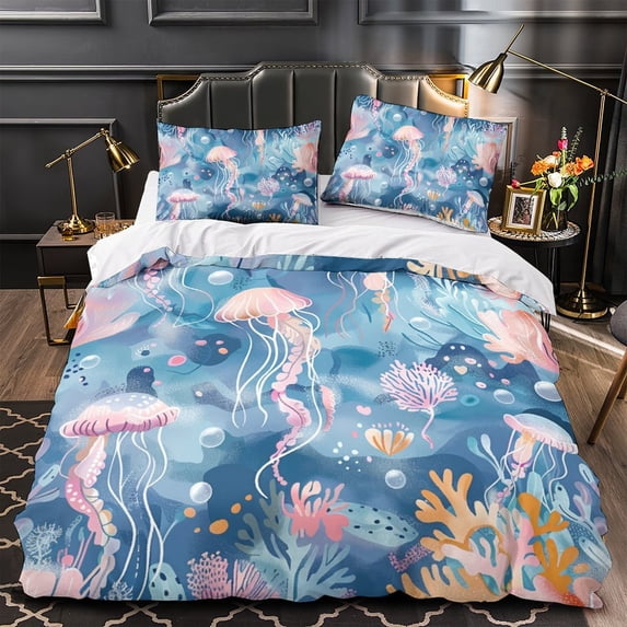 YJHDM 3D Jellyfish Coral Bedding Set for Women Girls Duvet Cover Pillow Case 2/3pcs Twin/Full Bed
