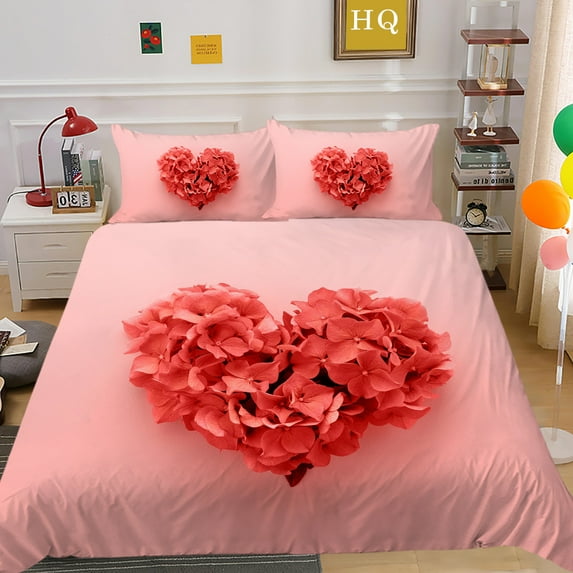 YJHDM 3D Love Bedding Set Couple Duvet Cover Pillowcase 2/3pcs Pink Quilt Cover for Couples Women