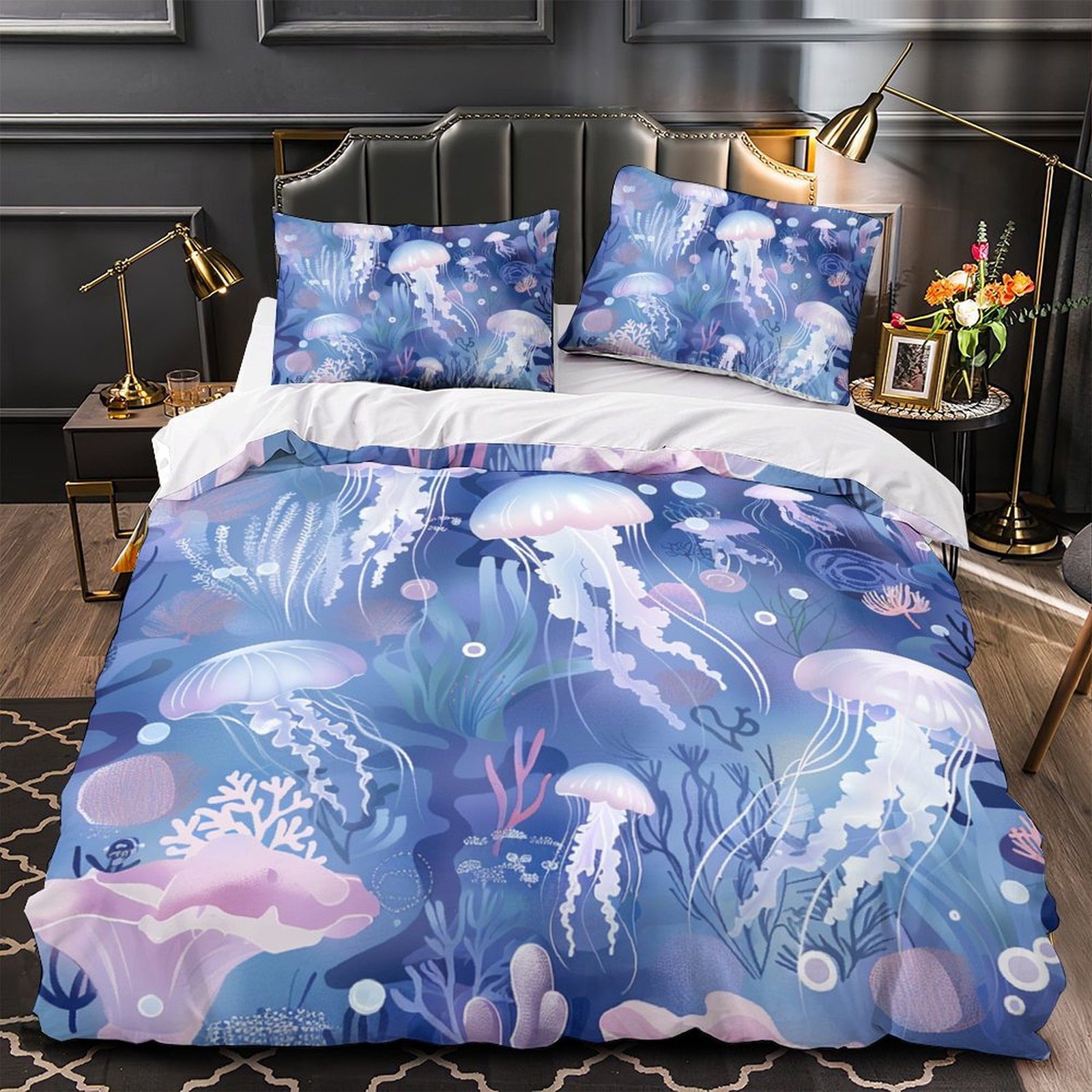 YJHDM 3D Marine Animal Bedding Set Blue Jellyfish Duvet Cover Pillow Case 2/3pcs Soft Twin/Full Bed