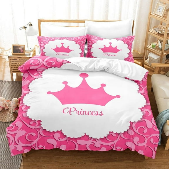 YJHDM 3D Pink Princess Crown Bedding Set Twin Full Down Duvet Cover Pillowcase 2/3pcs Kid Girls Gift