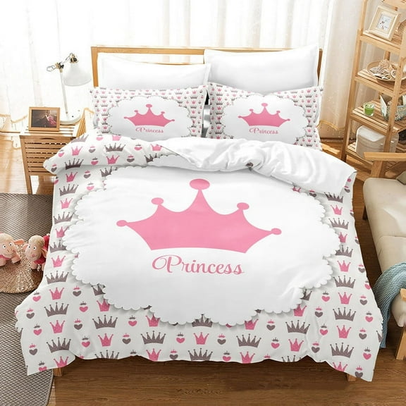 YJHDM 3D Pink Princess Crown Bedding Set Twin Full Down Duvet Cover Pillowcase 2/3pcs Kid Girls Gift