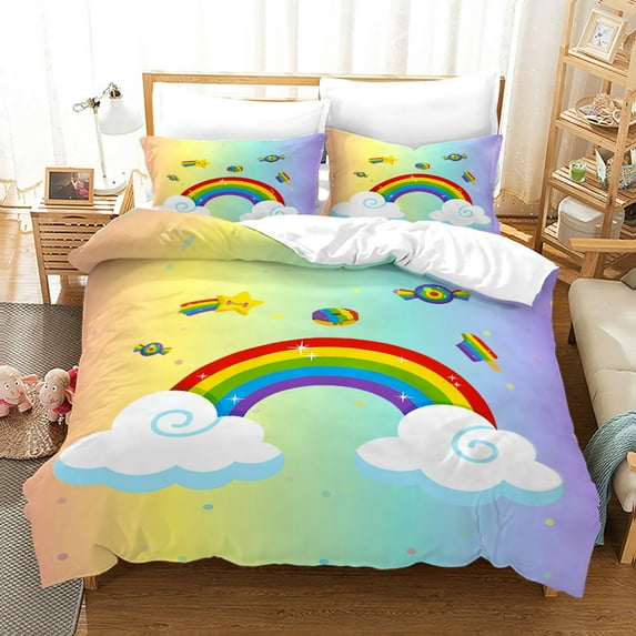YJHDM 3D Rainbow Cloud Bedding Set for Kids and Babies Duvet and Pillow Covers for US Full Size Bed