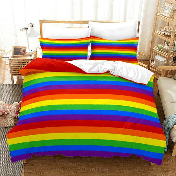 YJHDM 3D Rainbow Stripe Bedding Set Colorful Duvet Cover Pillow Case 2/3pcs for King Queen Bedding
