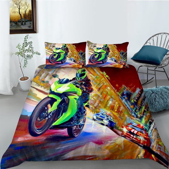 YJHDM 3D Retro Motorcycle Bedding Set King Queen Bed Cover Pillowcase 2/3pcs Boys' Teenagers Men Gift