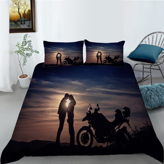YJHDM 3D Retro Motorcycle Bedding Set King Queen Bed Cover Pillowcase 2/3pcs Boys' Teenagers Men Gift