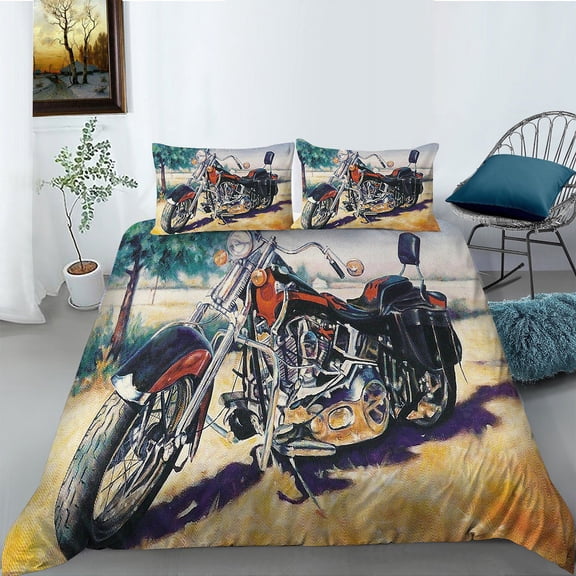 YJHDM 3D Retro Motorcycle Bedding Set King Queen Bed Cover Pillowcase 2/3pcs Boys' Teenagers Men Gift