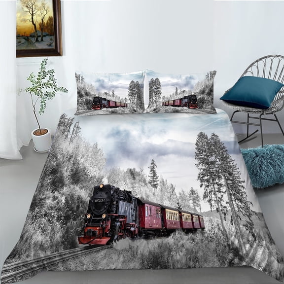 YJHDM 3D Retro Train Bedding Set King Queen Bed Cover Pillowcase 2/3pcs Industrial Style Home Textile
