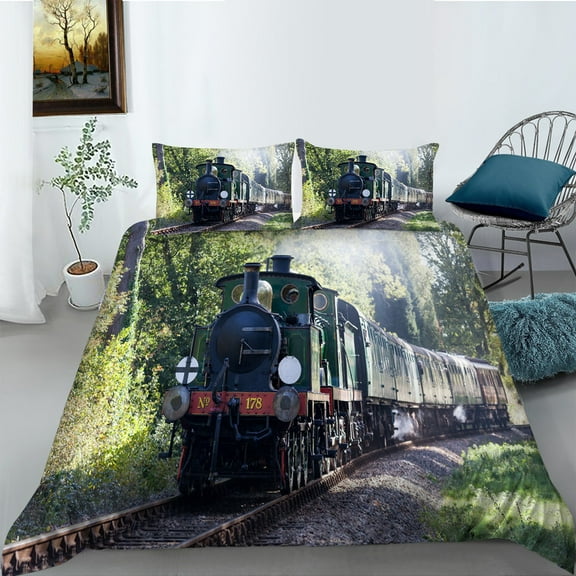 YJHDM 3D Retro Train Bedding Set King Queen Bed Cover Pillowcase 2/3pcs Industrial Style Home Textile