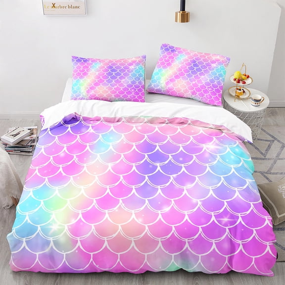 YJHDM 3D Shiny Fish Scale Bedding Set Women and Girls Quilt Cover Pillowcases 2/3pcs Twin Full Cover Gift