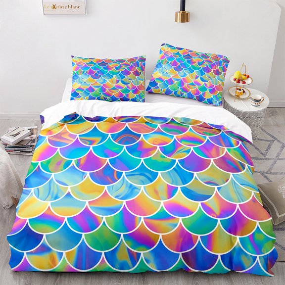 YJHDM 3D Shiny Fish Scale Bedding Set Women and Girls Quilt Cover Pillowcases 2/3pcs Twin Full Cover Gift