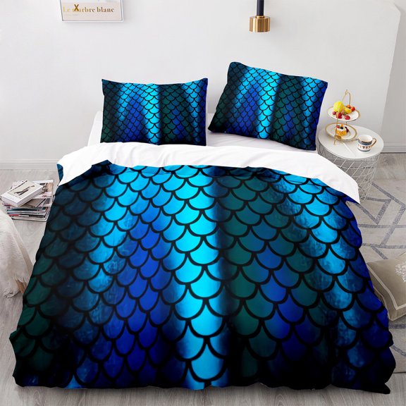 YJHDM 3D Shiny Fish Scale Bedding Set Women and Girls Quilt Cover Pillowcases 2/3pcs Twin Full Cover Gift