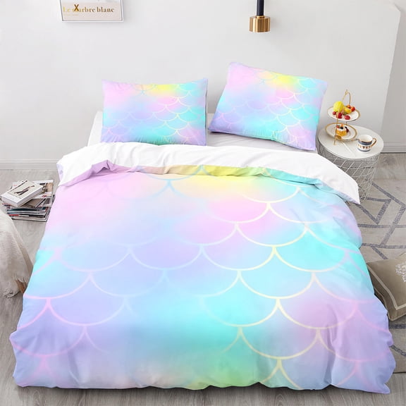 YJHDM 3D Shiny Fish Scale Bedding Set Women and Girls Quilt Cover Pillowcases 2/3pcs Twin Full Cover Gift