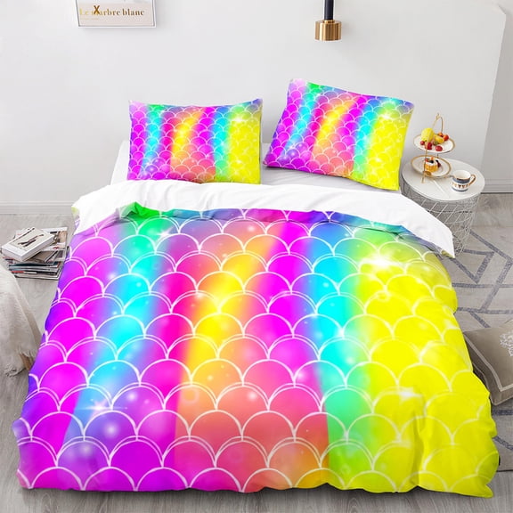 YJHDM 3D Shiny Fish Scale Bedding Set Women and Girls Quilt Cover Pillowcases 2/3pcs Twin Full Cover Gift