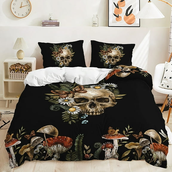 YJHDM 3D Skull Bedding Set Mushroom Plant Theme Down Duvet Cover Pillowcase 2/3pcs Halloween Cover