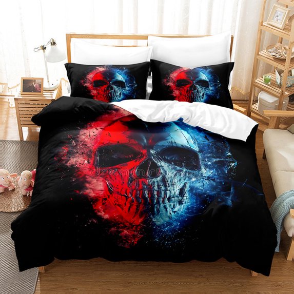 YJHDM 3D Terrifying Skull Bedding Set Halloween Theme Quilt Cover Pillowcases 2/3pcs Boys and Men Cover Gift