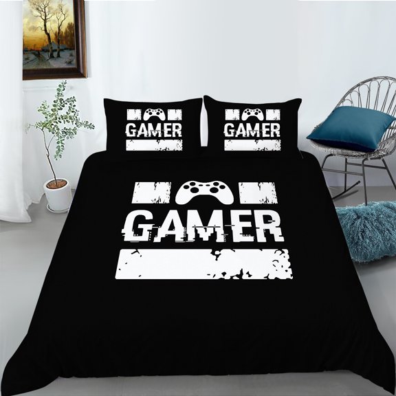 YJHDM Black Bedding Set, Game Controller Printed Youth and Adult Duvet and Pillowcase 2/3 Pieces