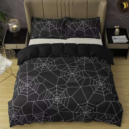 YJHDM Black Halloween Spider Web Pattern Quilt Cover Set Bedding Sets Pillowcases Queen King