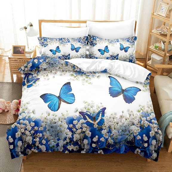 YJHDM Blue Butterfly Bedding Set 3D Flower Duvet Cover Pillowcase 2/3pcs King Queen Bed Quilt Cover